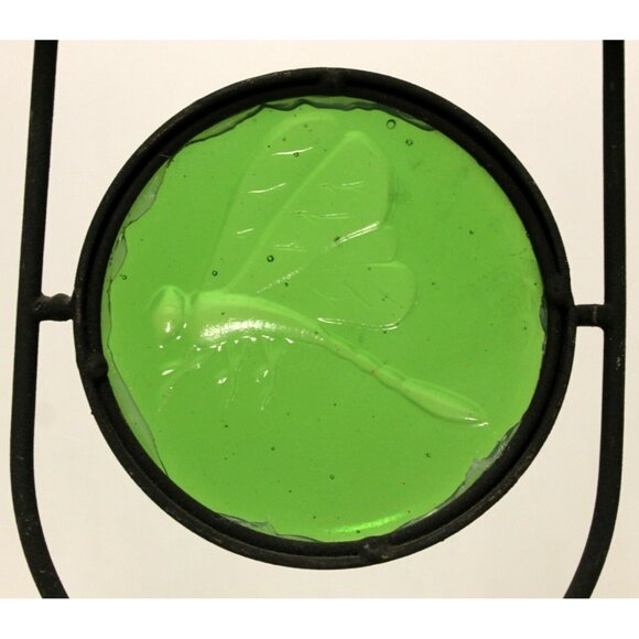 Black Metal Double Taper Dinner Candle Holder Green Glass Dragonfly Decor - Picture 5 of 10